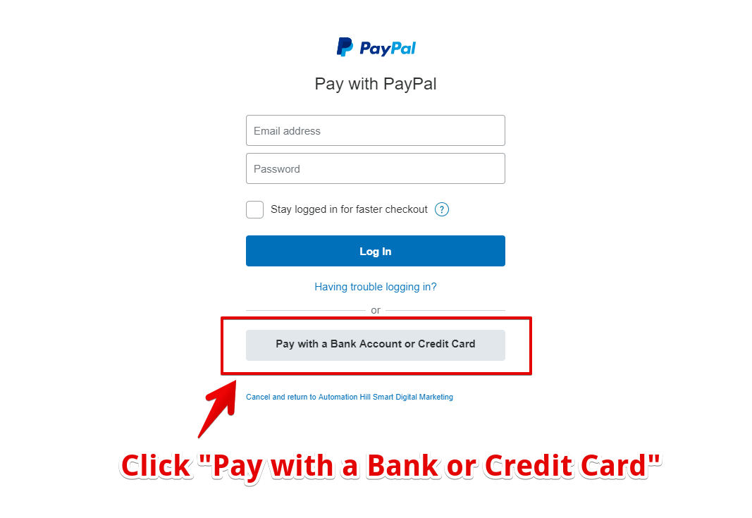 Click Pay with a Bank or Credit Card
