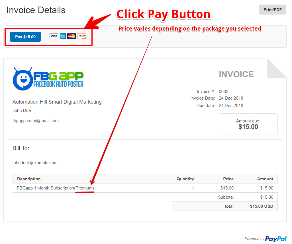 PayPal invoice Link Direct - Pay via Credit Card